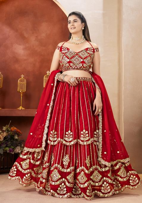 Red Embroidered Georgette Lehenga Set