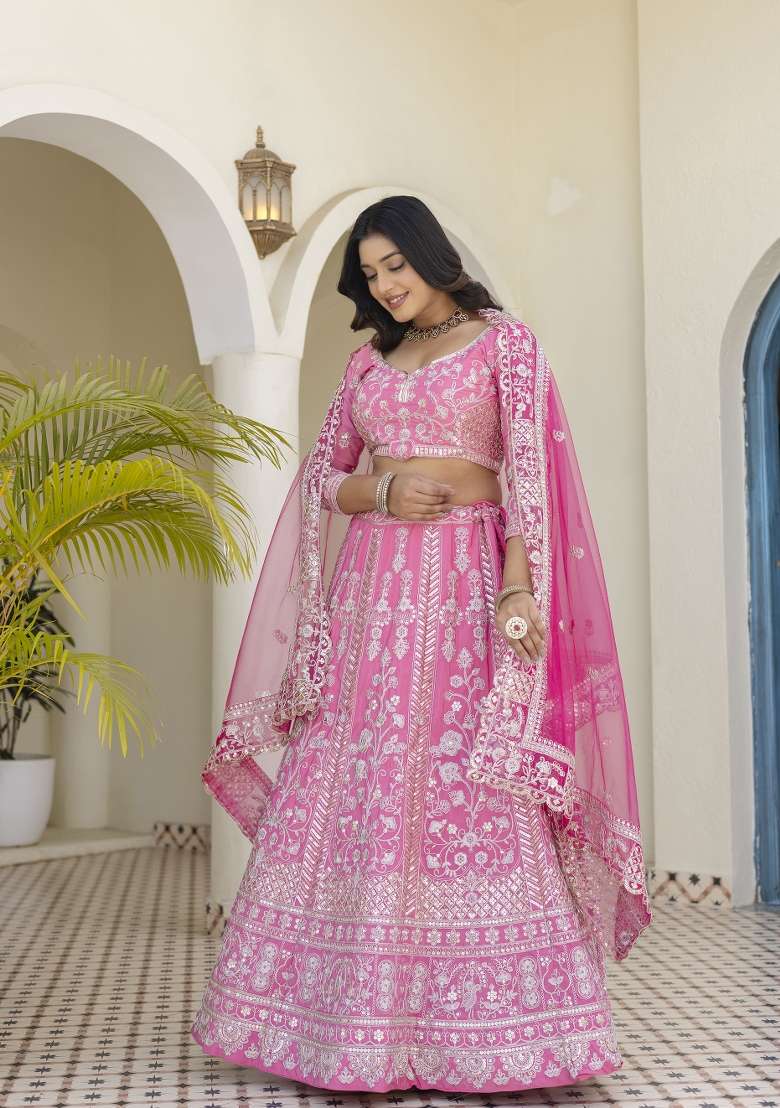 Light Pink Embroidered Silk Lehenga Set for Diwali and Festive Wear - Indya