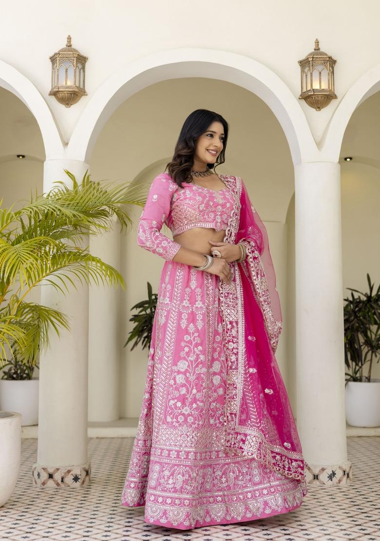 Light Pink Embroidered Silk Lehenga Set - Indya