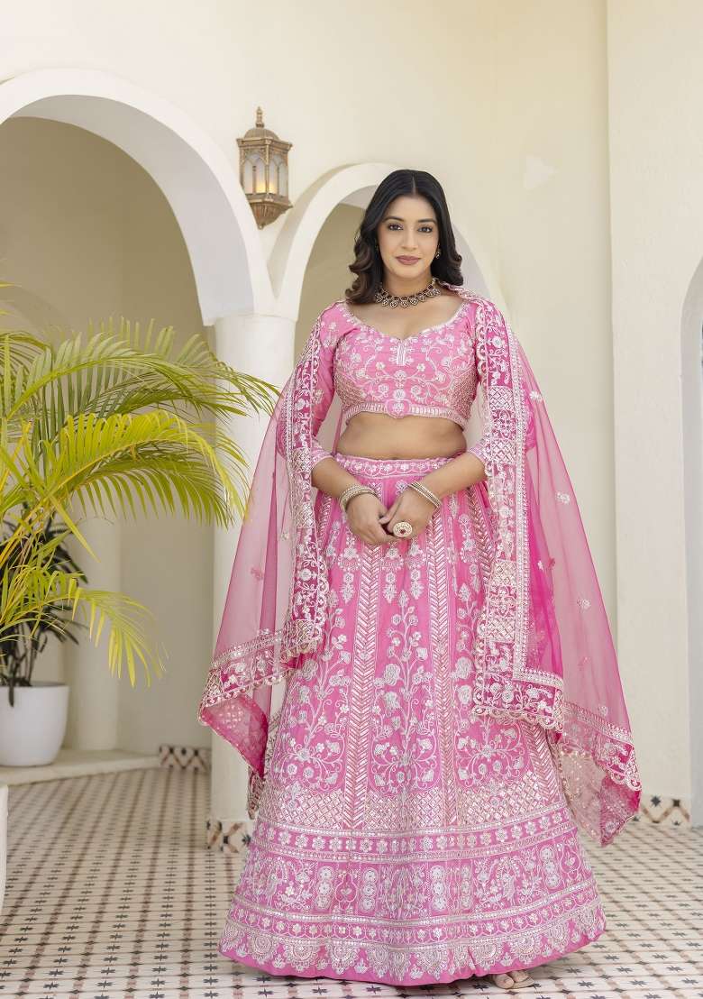 Light Pink Embroidered Silk Lehenga Set for Diwali and Festive Wear - Indya