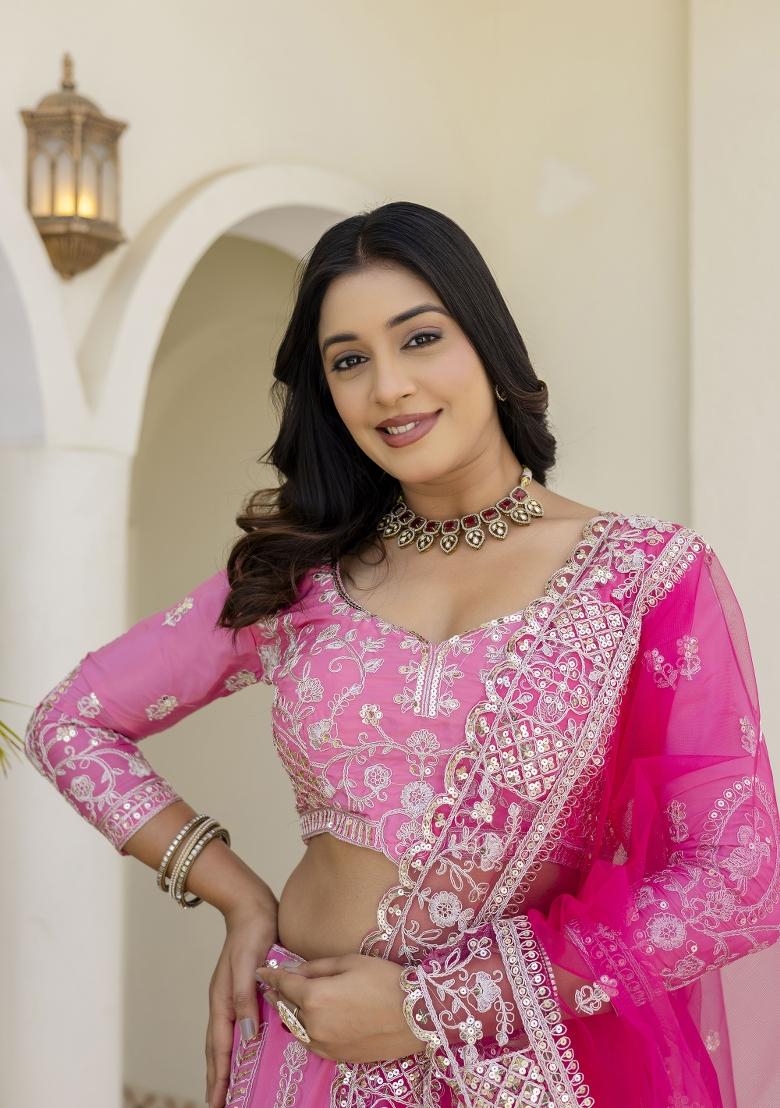 Light Pink Embroidered Silk Lehenga Set - Indya