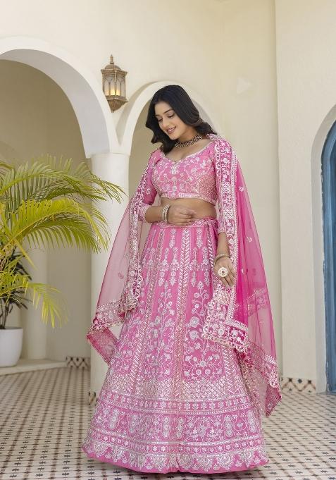 Light Pink Embroidered Silk Lehenga Set
