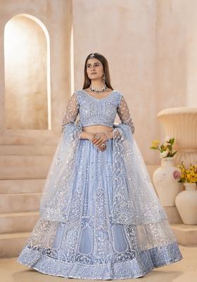 Teal Embroidered Net Lehenga Set