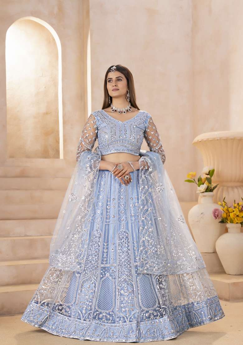 Teal Embroidered Net Lehenga Set for Diwali and Festive Wear - Indya