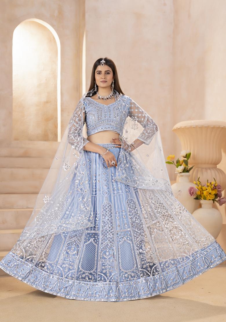 Teal Embroidered Net Lehenga Set - Indya