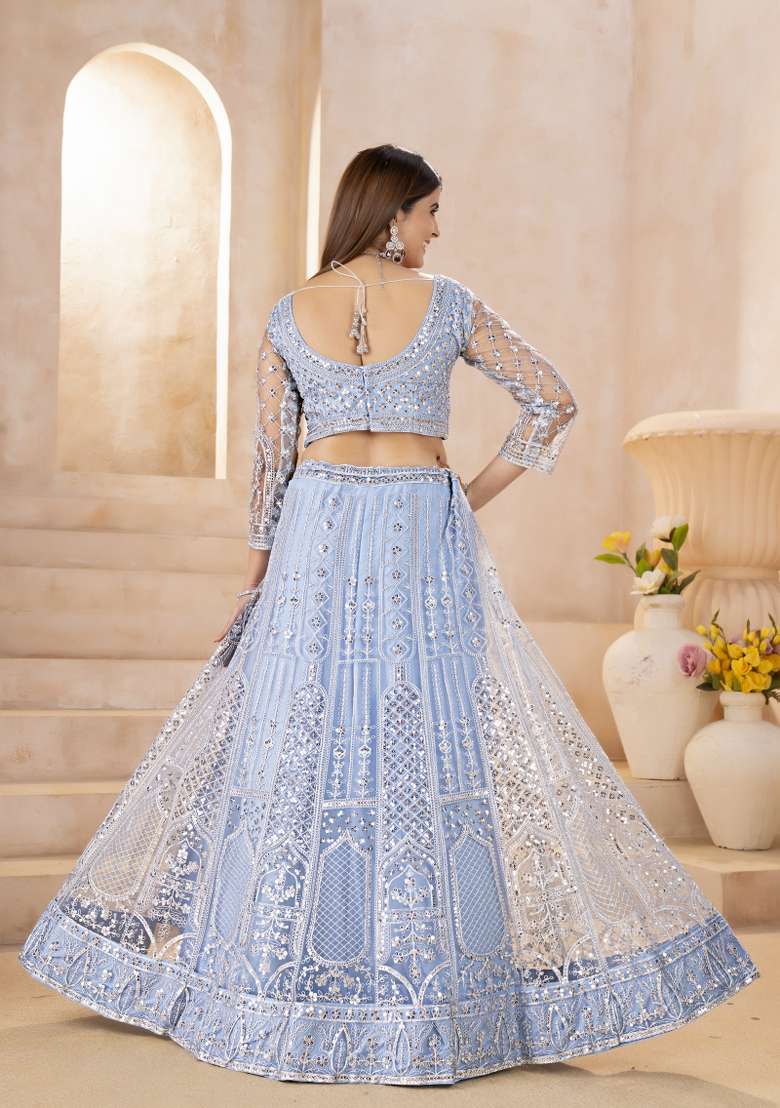Teal Embroidered Net Lehenga Set for Diwali and Festive Wear - Indya