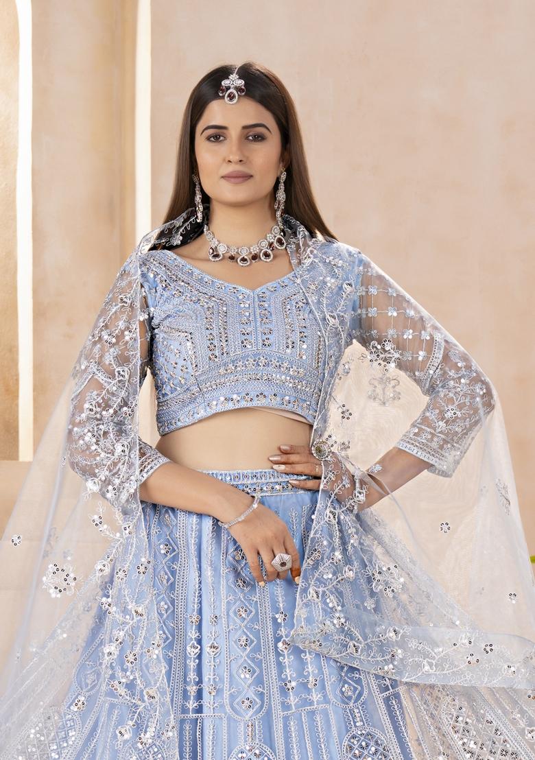 Teal Embroidered Net Lehenga Set - Indya