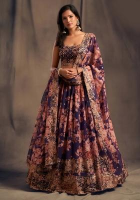Purple Embroidered Organza Lehenga Set