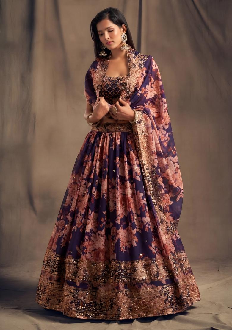 Purple Embroidered Organza Lehenga Set - Indya
