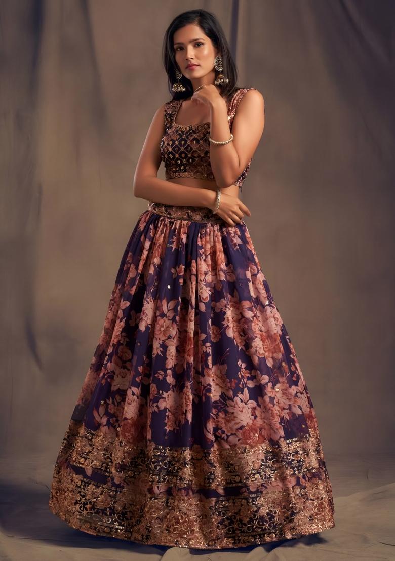 Purple Embroidered Organza Lehenga Set - Indya