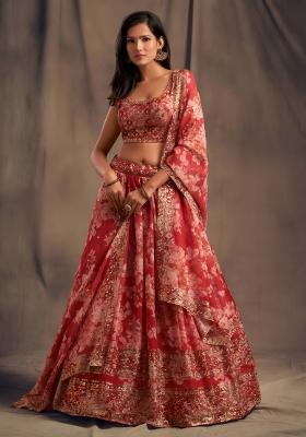 Red Embroidered Organza Lehenga Set