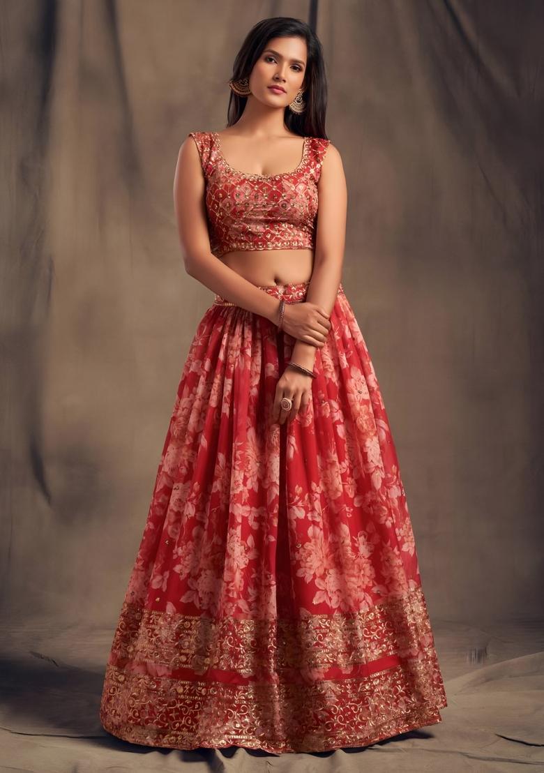 Red Embroidered Organza Lehenga Set - Indya