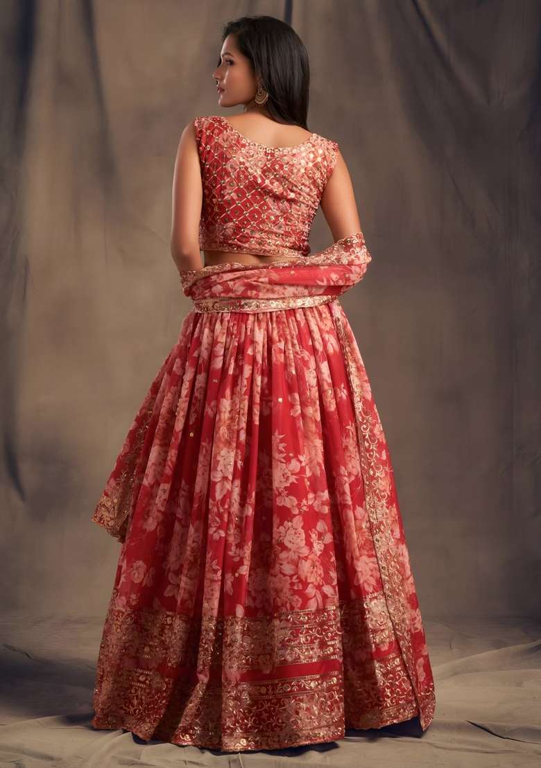 Red Organza Lehenga Set with Embroidered for Diwali | Wedding & Festive Wear - Indya