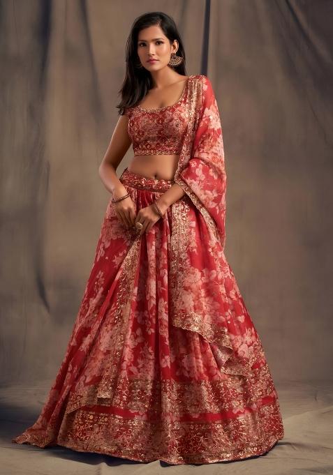 Red Embroidered Organza Lehenga Set