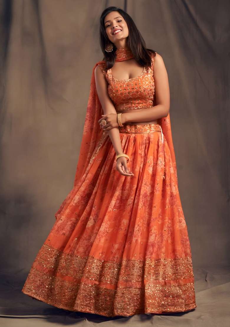 Orange Embroidered Organza Lehenga Set for Diwali and Festive Wear - Indya