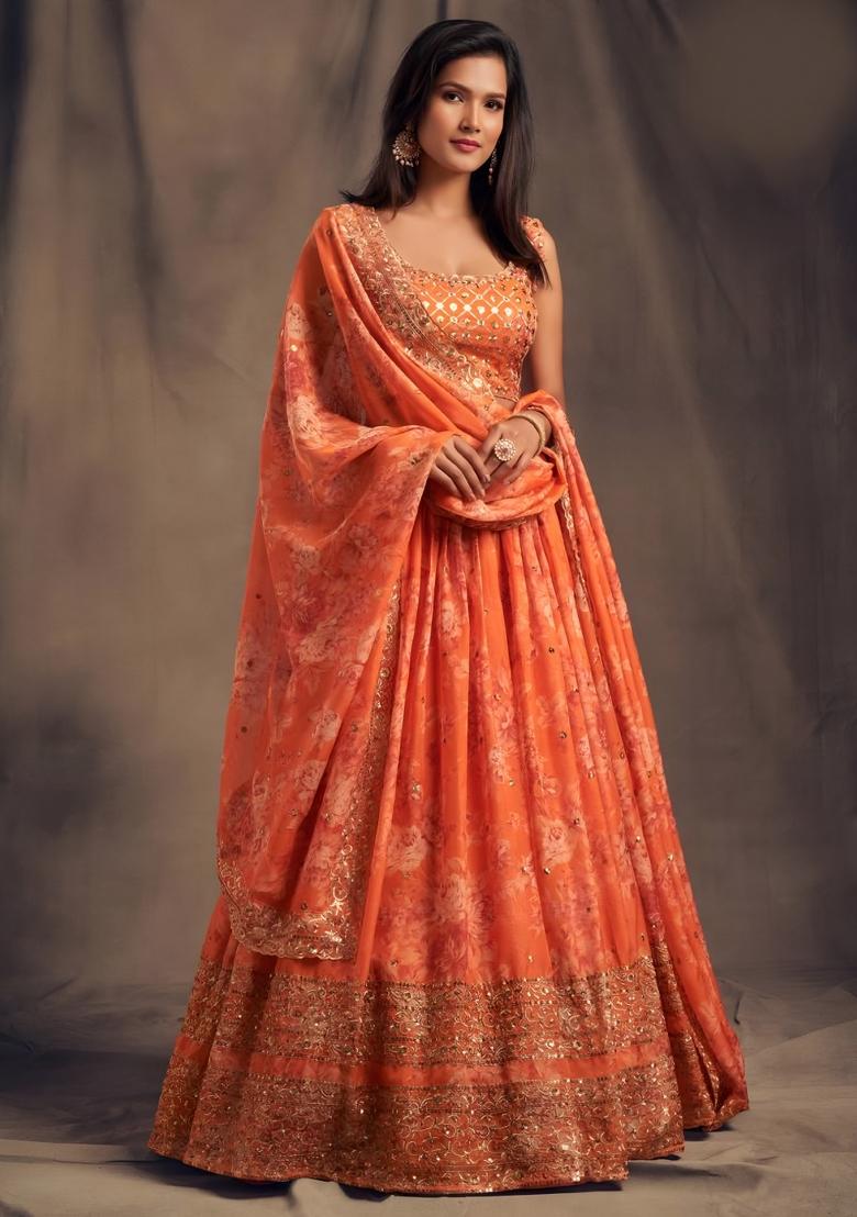 Orange Embroidered Organza Lehenga Set - Indya