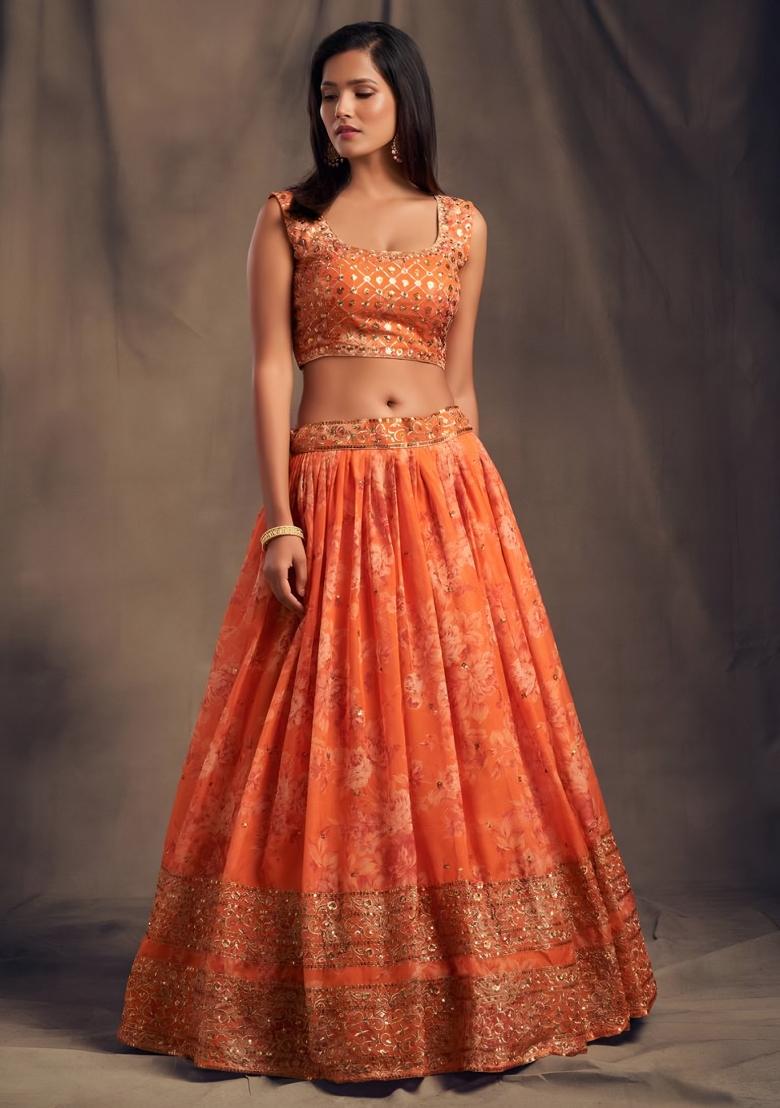 Orange Embroidered Organza Lehenga Set - Indya