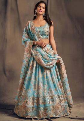Sky Blue Embroidered Organza Lehenga Set