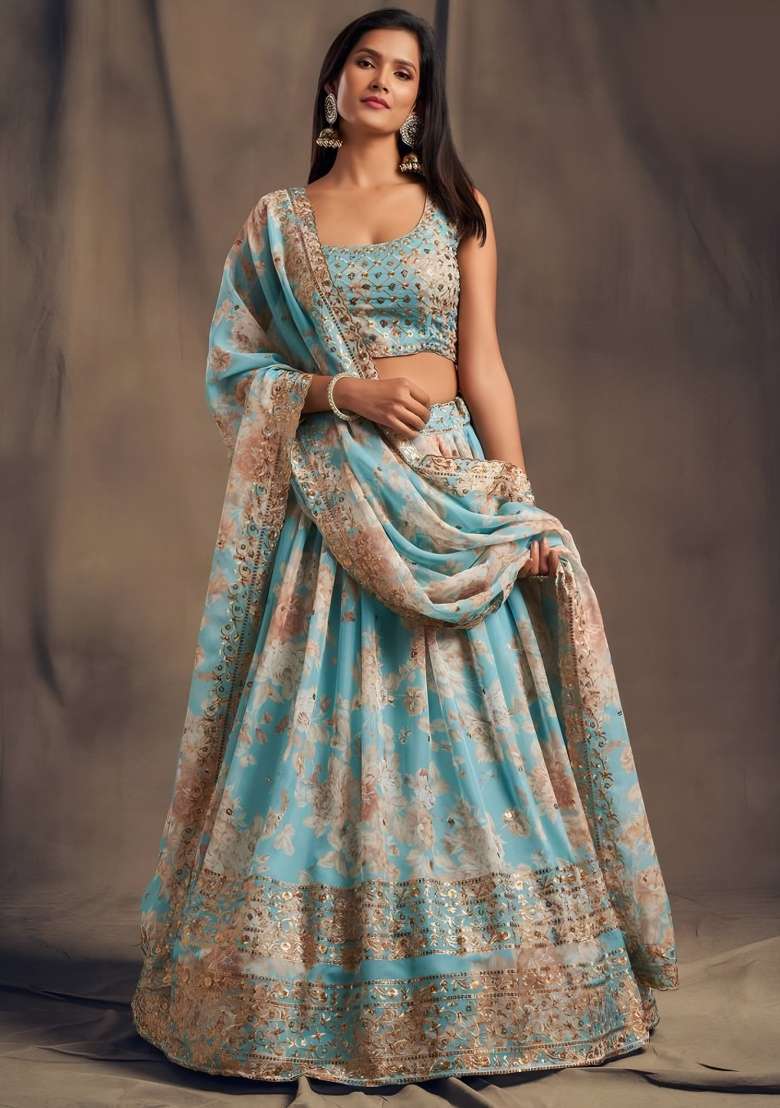 Sky Blue Organza Lehenga Set with Embroidered for Diwali | Wedding & Festive Wear - Indya