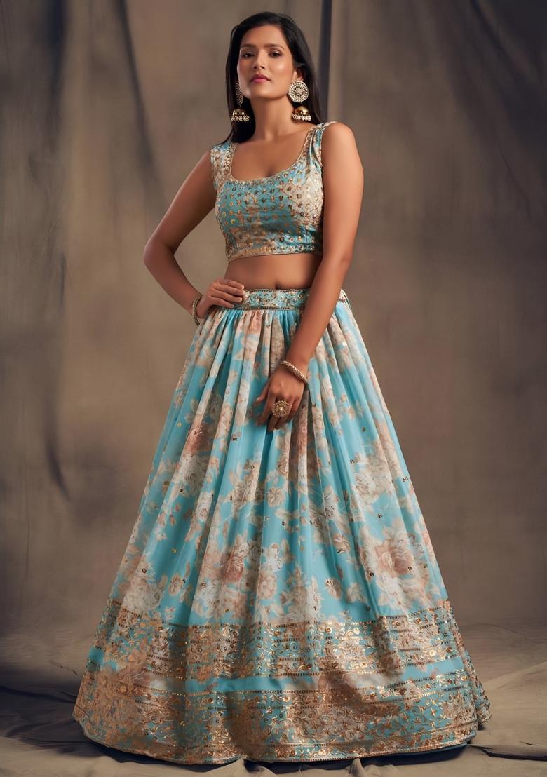 Sky Blue Embroidered Organza Lehenga Set - Indya