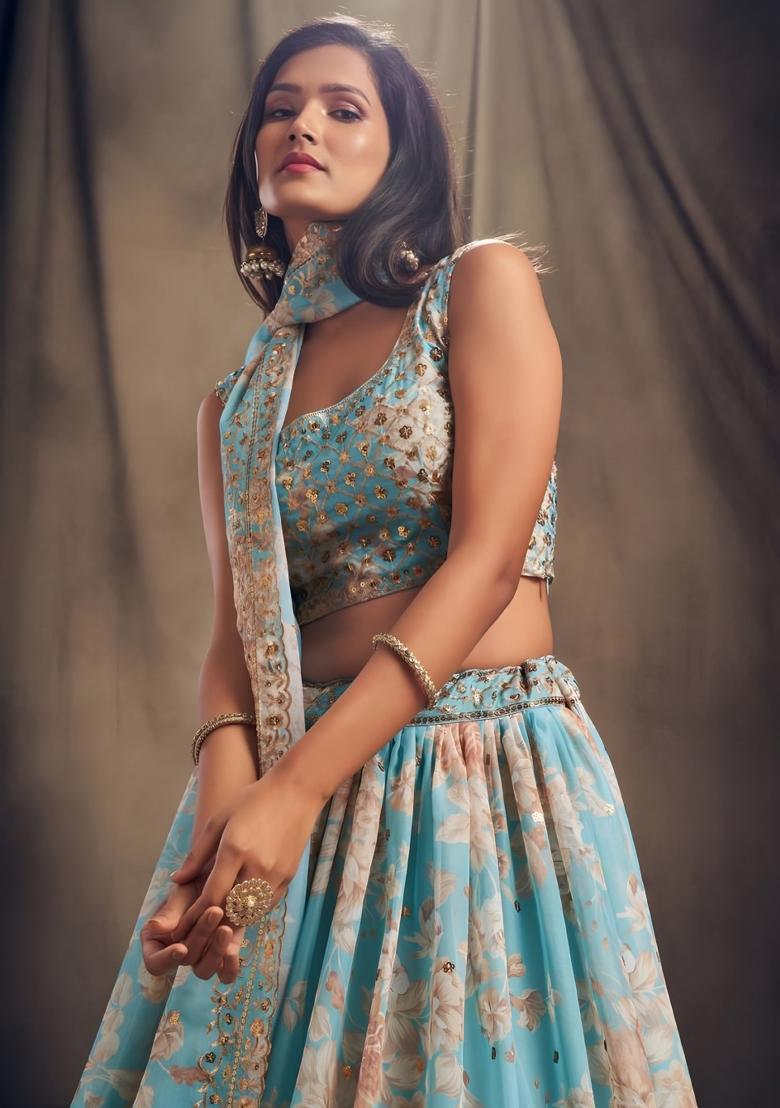 Sky Blue Embroidered Organza Lehenga Set - Indya