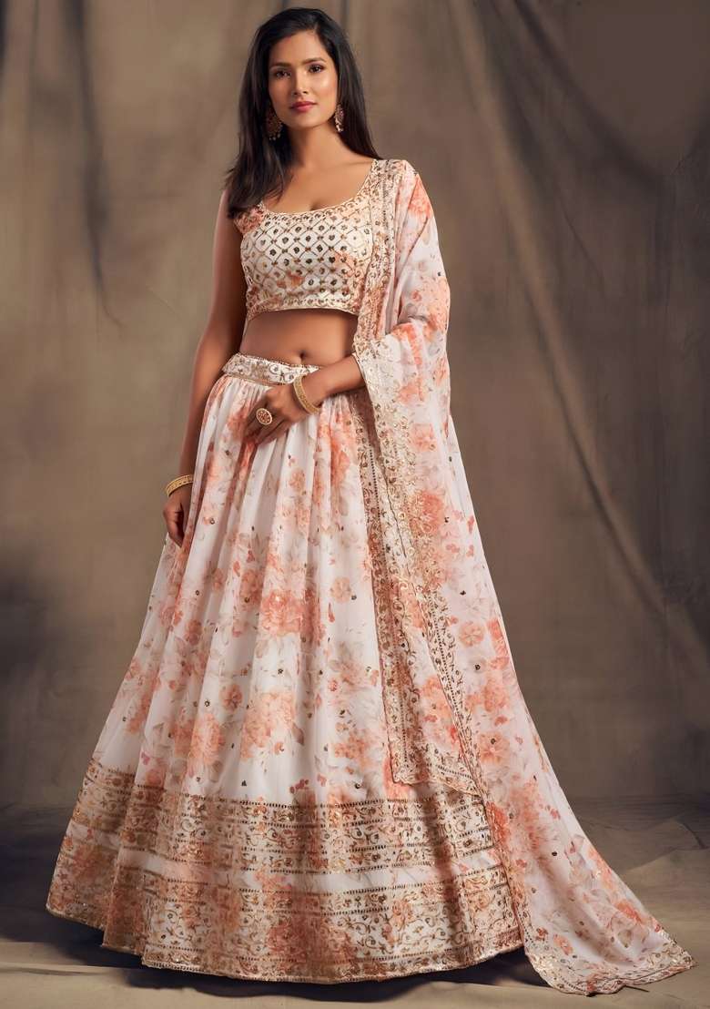 Beige Embroidered Organza Lehenga Set for Diwali and Festive Wear - Indya