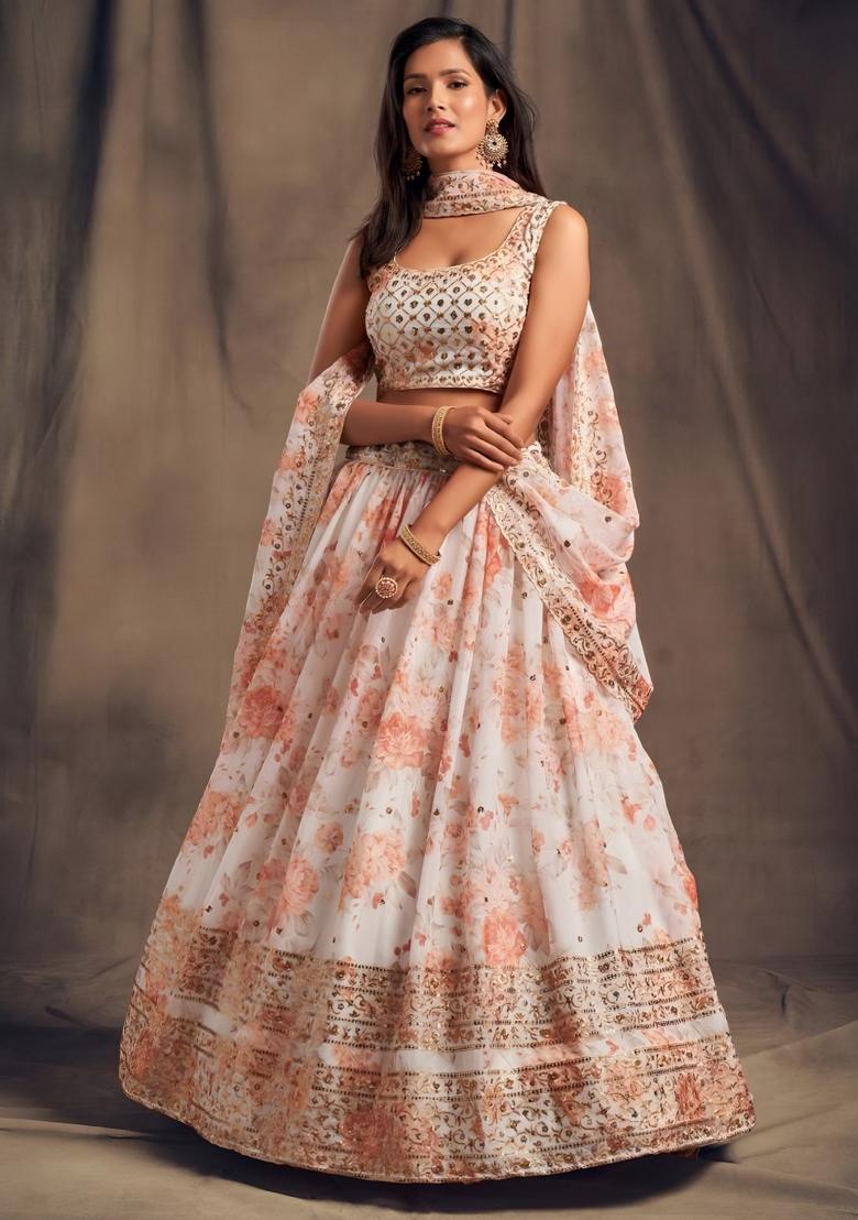 Beige Embroidered Organza Lehenga Set - Indya