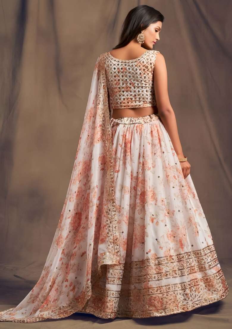 Beige Embroidered Organza Lehenga Set for Diwali and Festive Wear - Indya