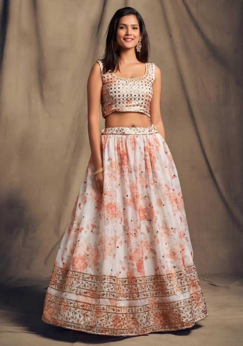 Beige Embroidered Organza Lehenga Set - Indya