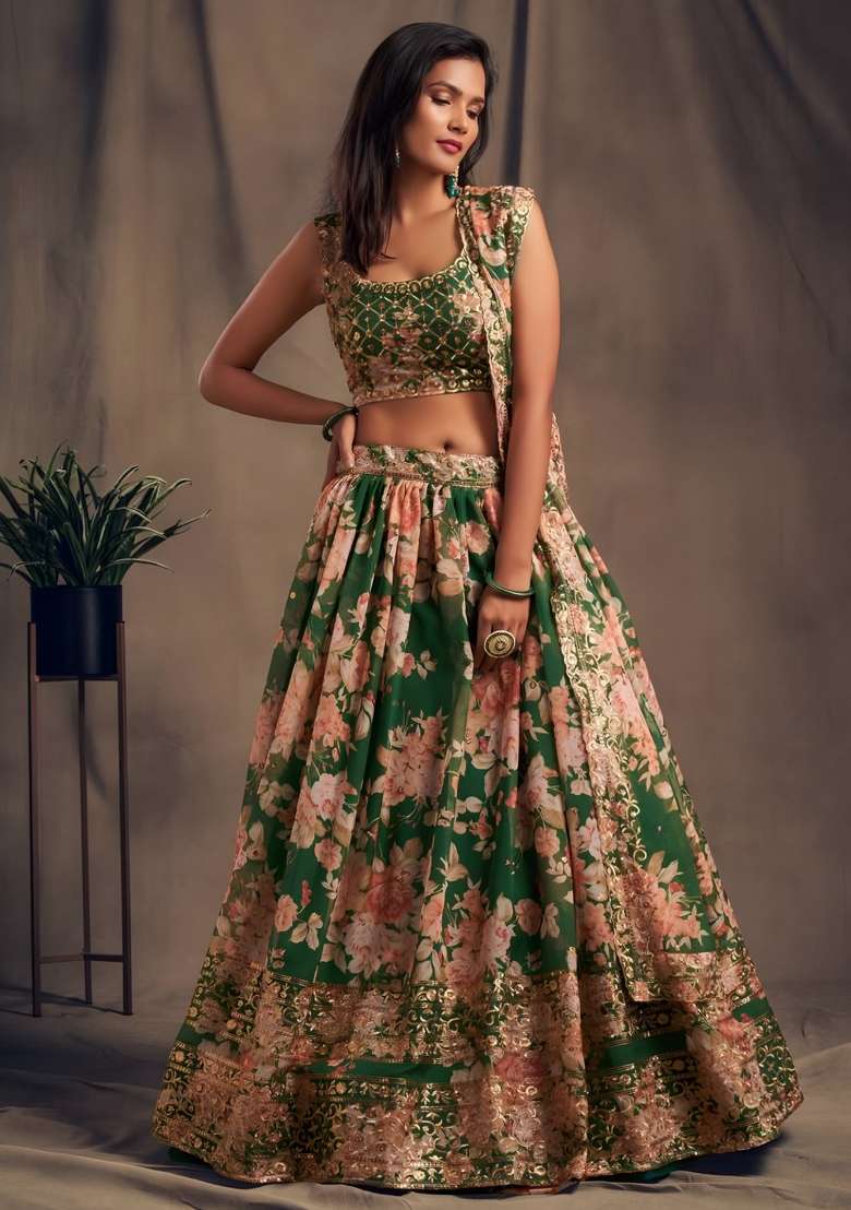 Green Organza Lehenga Set with Embroidered for Diwali | Wedding & Festive Wear - Indya