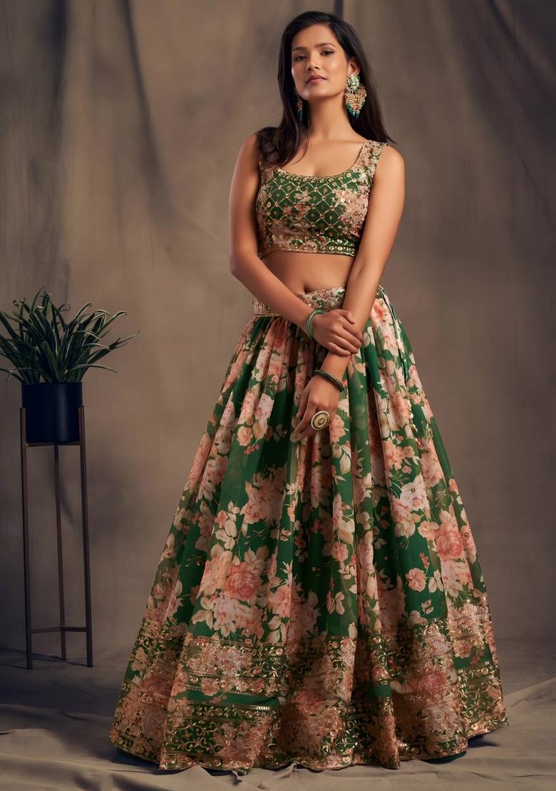 Green Embroidered Organza Lehenga Set - Indya