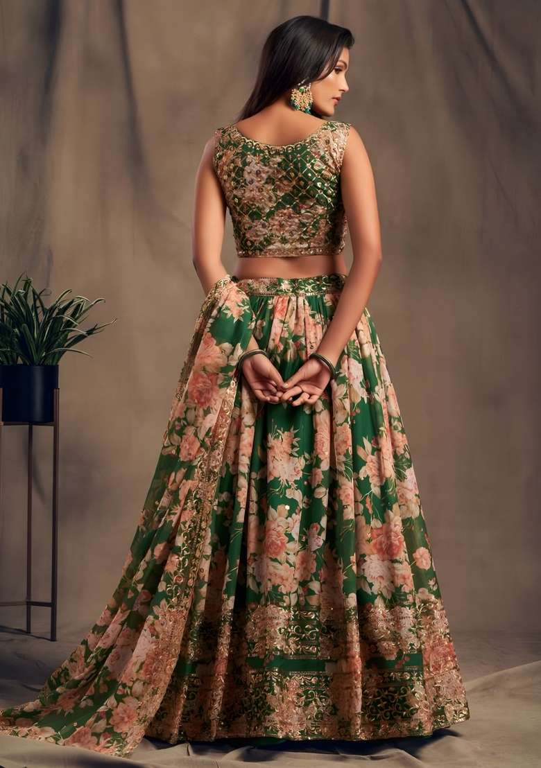Green Organza Lehenga Set with Embroidered for Diwali | Wedding & Festive Wear - Indya
