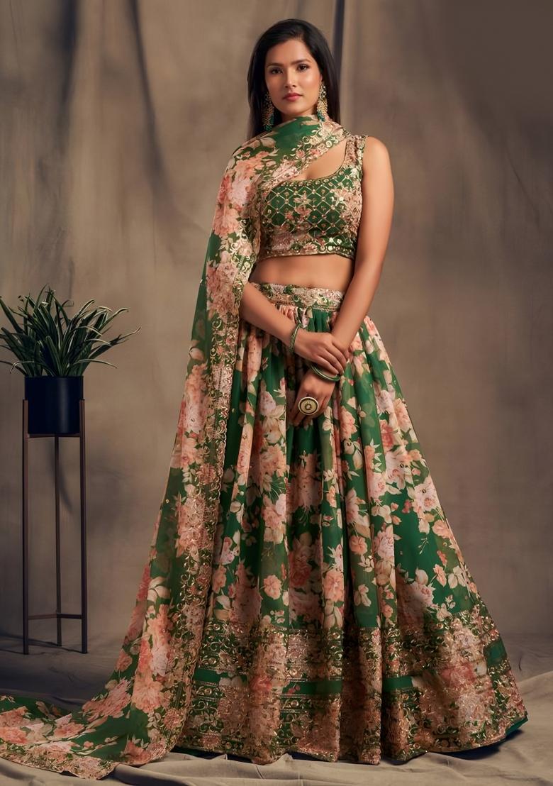Green Embroidered Organza Lehenga Set - Indya