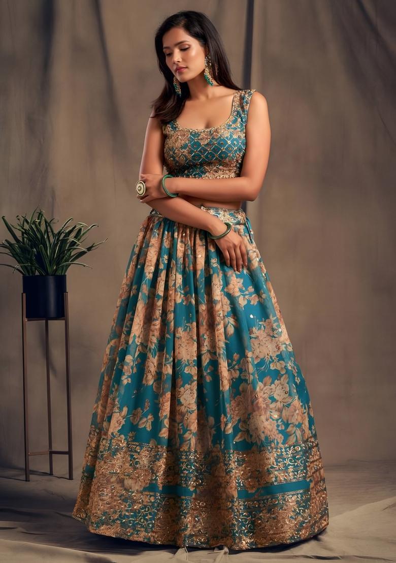Teal Blue Embroidered Organza Lehenga Set - Indya