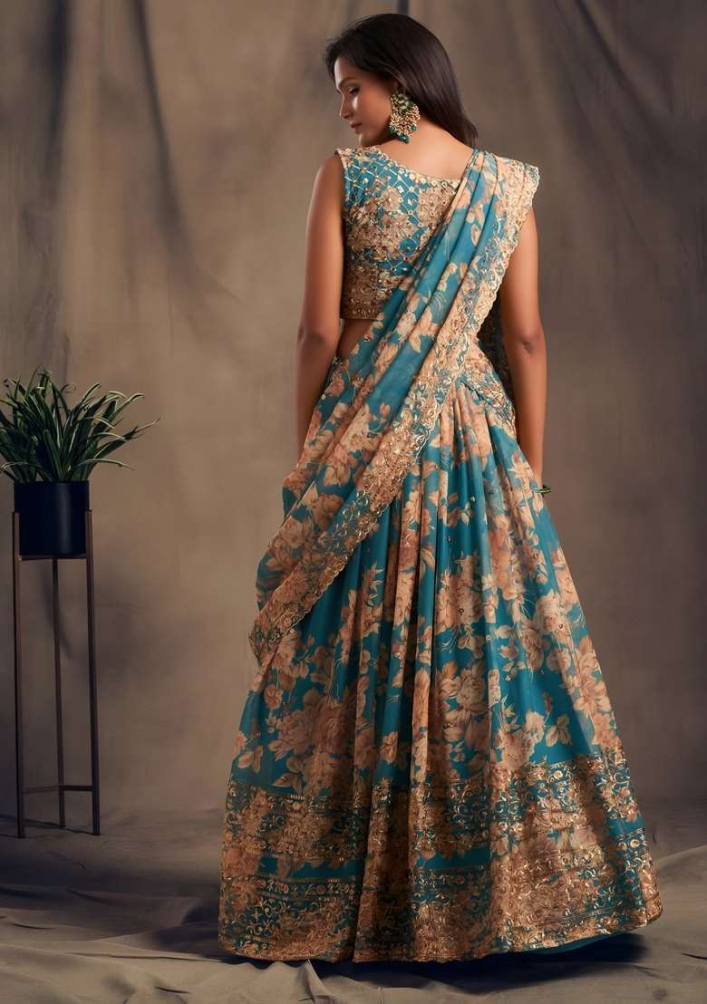 Teal Blue Organza Lehenga Set with Embroidered for Diwali | Wedding & Festive Wear - Indya