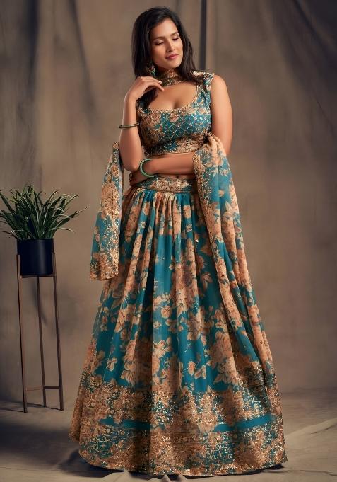 Teal Blue Embroidered Organza Lehenga Set