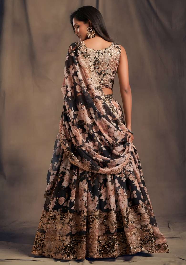 Black Embroidered Organza Lehenga Set for Diwali and Festive Wear - Indya