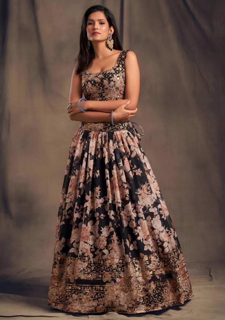 Black Embroidered Organza Lehenga Set - Indya