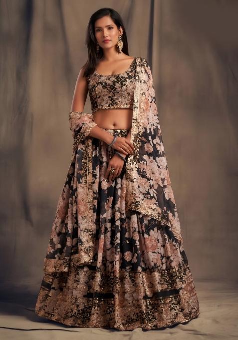 Black Embroidered Organza Lehenga Set