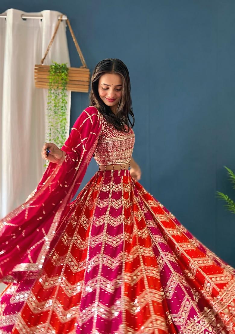 Multicolor Embroidered Georgette Lehenga Set - Indya