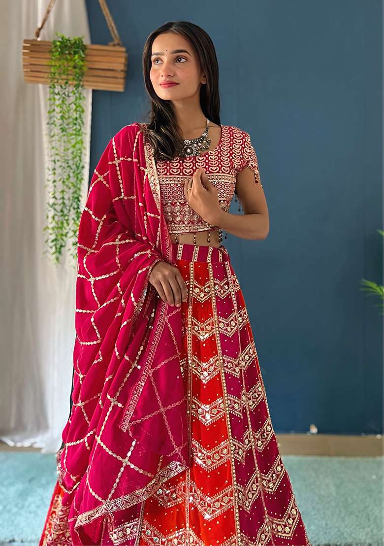 Multicolor Georgette Lehenga Set with Embroidered for Diwali | Wedding & Festive Wear - Indya