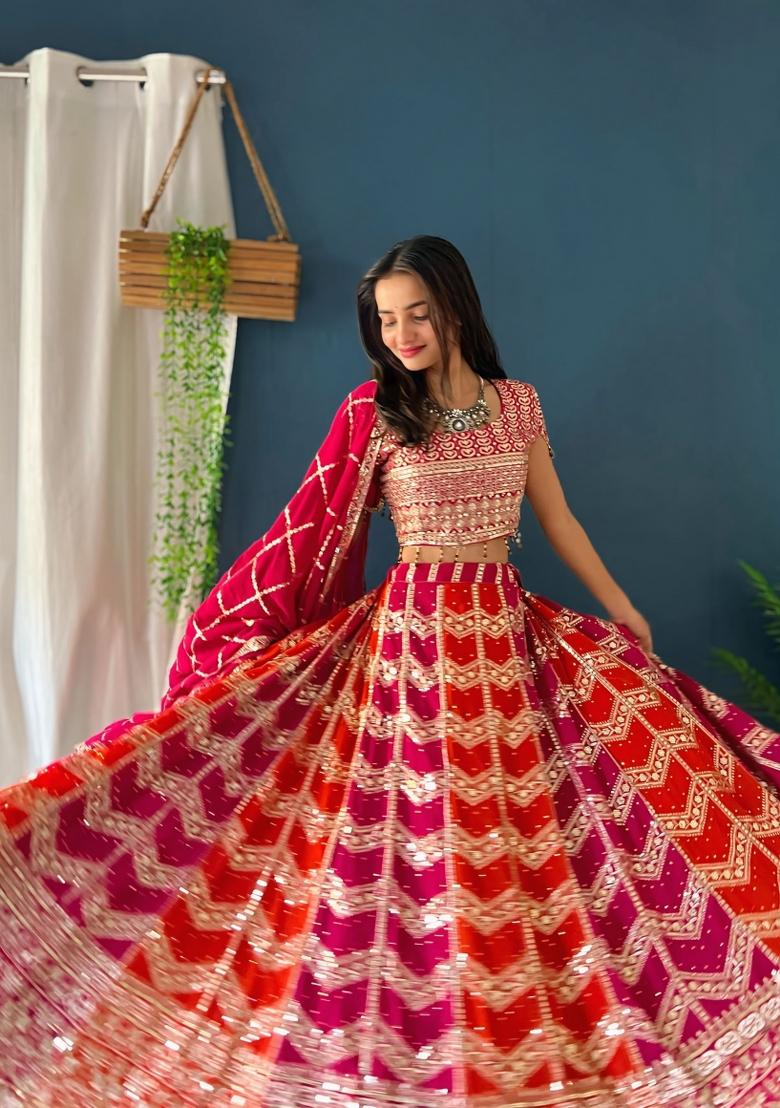 Multicolor Embroidered Georgette Lehenga Set - Indya