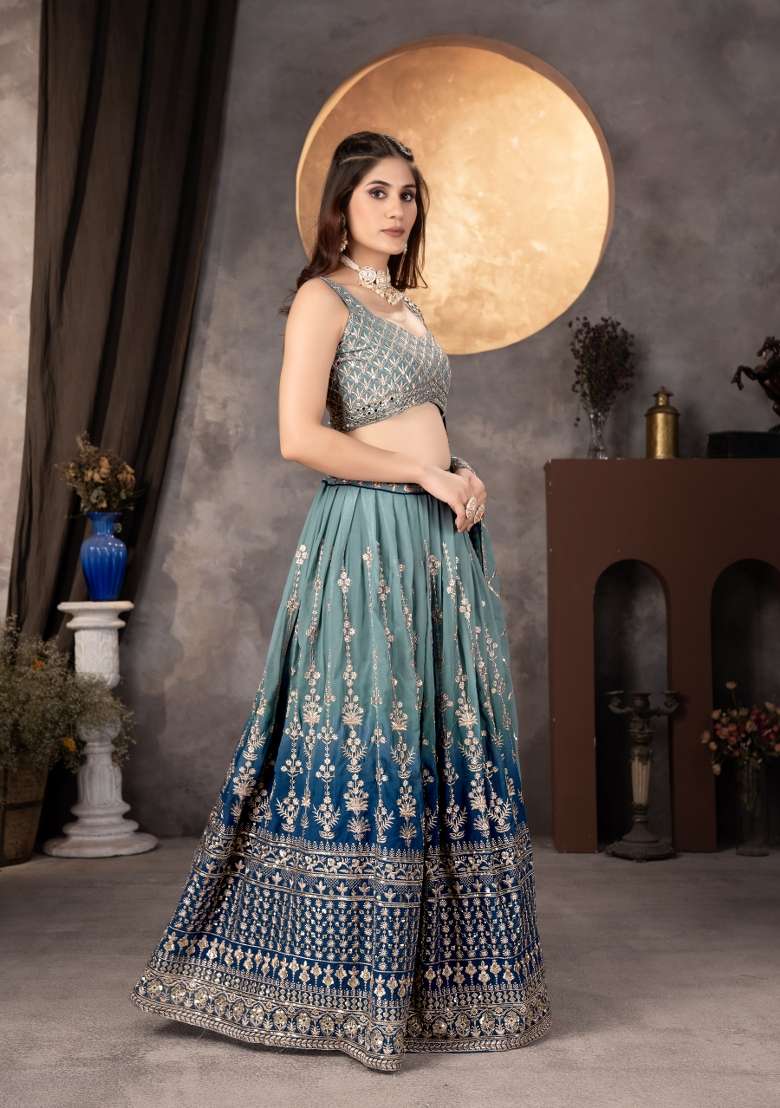 Multicolor Georgette Lehenga Set with Embroidered for Diwali | Wedding & Festive Wear - Indya