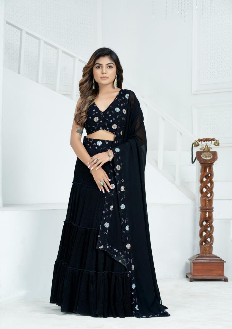 Black Embroidered Georgette Lehenga Set - Indya