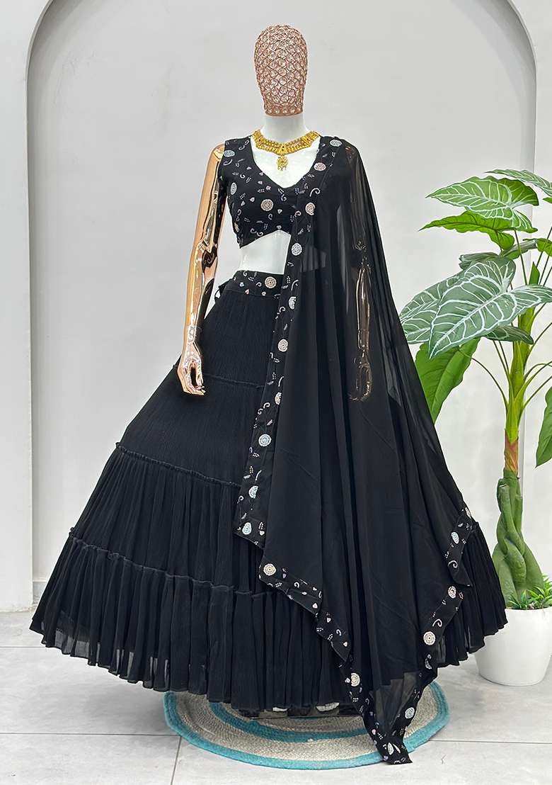 Black Georgette Lehenga Set with Embroidered for Diwali | Wedding & Festive Wear - Indya
