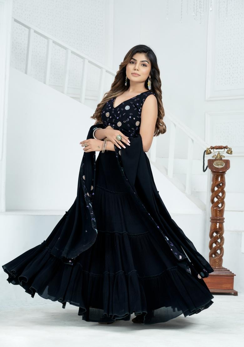 Black Embroidered Georgette Lehenga Set - Indya