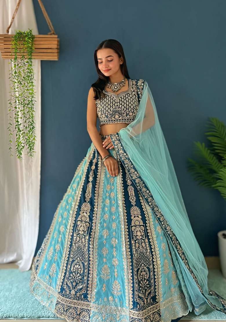 Multicolor Embroidered Georgette Lehenga Set for Diwali and Festive Wear - Indya