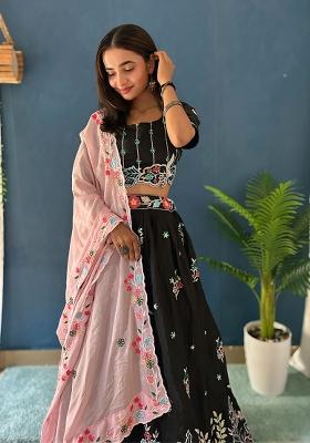 Black Sequin Work Silk Lehenga Set