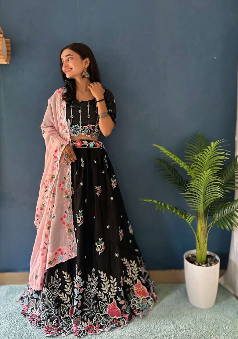 Black Sequin Work Silk Lehenga Set - Indya