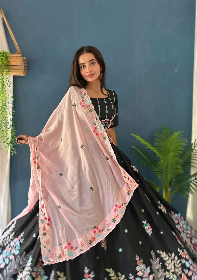 Black Sequin Work Silk Lehenga Set - Indya